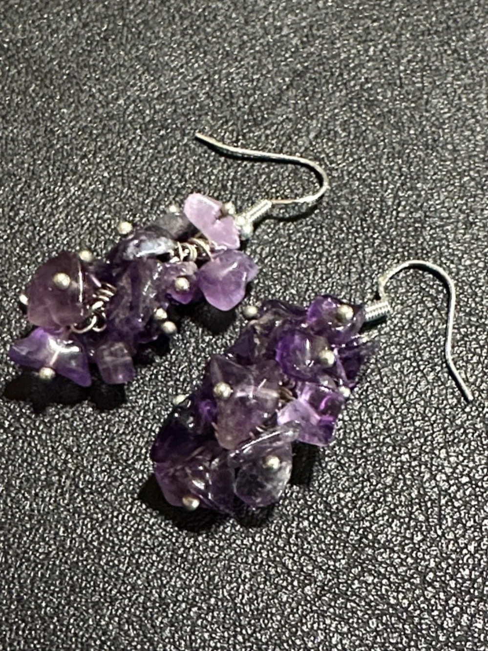 Polished Purple Amethyst Chip Cluster Drop Earrings 925 Wire Back